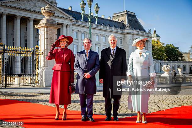 King Philippe of Belgium and Queen Mathilde of Belgium welcome Grand Duke Guillaume of Luxembourg and Grand Duchess Stephanie of Luxembourg at the...