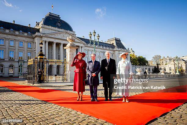 King Philippe of Belgium and Queen Mathilde of Belgium welcome Grand Duke Guillaume of Luxembourg and Grand Duchess Stephanie of Luxembourg at the...
