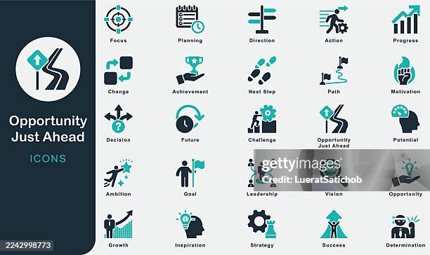 gelegenheit just ahead solide icons sammlung. enthält chance, erfolg, zukunft, fortschritt, weg, ziel, veränderung, herausforderung, aktion, wachstum, motivation, vision, führung, entscheidung, leistung - work-in-progress-icon stock-grafiken, -clipart, -cartoons und -symbole