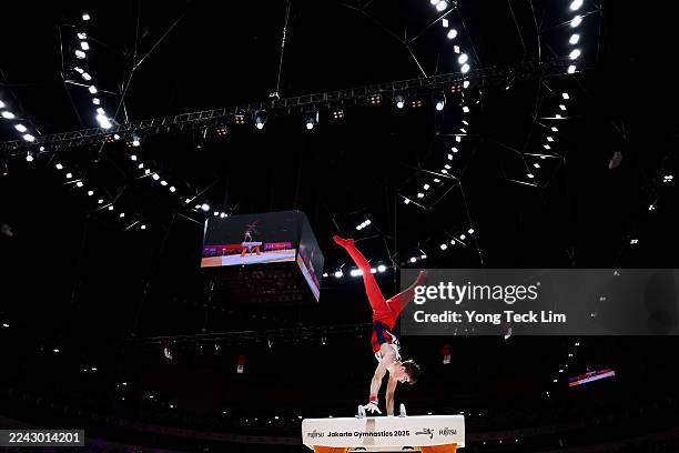 Alexander Yolshin-Cash of Team Great Britain competes in the Men's pommel horse apparatus final on day six of the Artistic Gymnastics World...