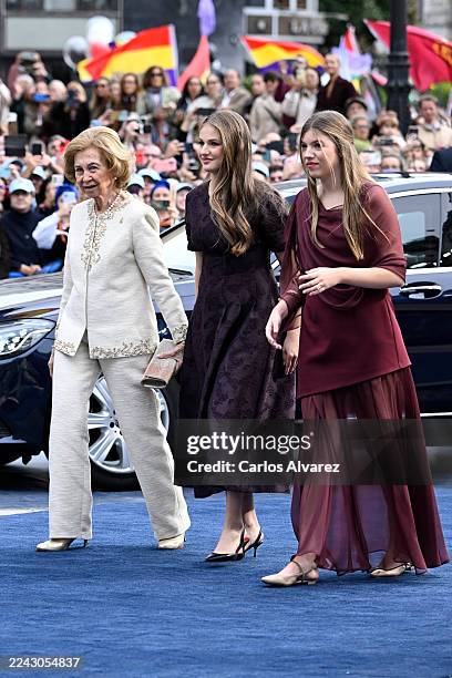 Queen Sofia of Spain, Crown Princess Leonor of Spain and Princess Sofia of Spain attend the "Princesa De Asturias" awards ceremony at Teatro...