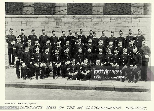 british military history, sergeants' mess of the 2nd gloucestershire regiment, 1890s, 19th century victorian vintage photograph - battalion stock illustrations