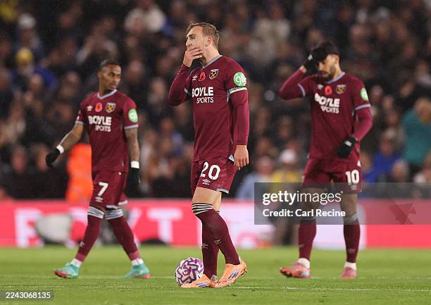 Jarrod Bowen of West Ham United reacts after his side concedes a second goal during the Premier League match between Leeds United and West Ham United...