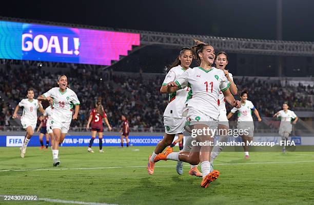 Mayssa Baha of Morocco celebrates scoring her team's second goal during the FIFA U-17 Women's World Cup Morocco 2025 Group A match between Costa Rica...