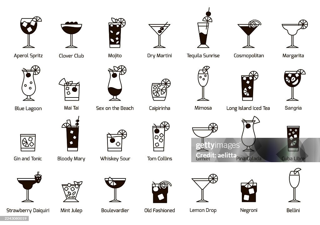 Illustration of cocktail icons. Big set of 28 icons.