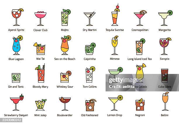 illustrations, cliparts, dessins animés et icônes de illustration d’icônes de cocktails. grand ensemble de 28 icônes. - mojito