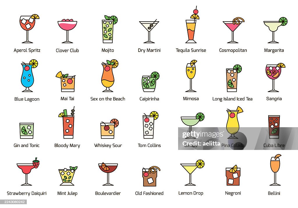 Illustration of cocktail icons. Big set of 28 icons.