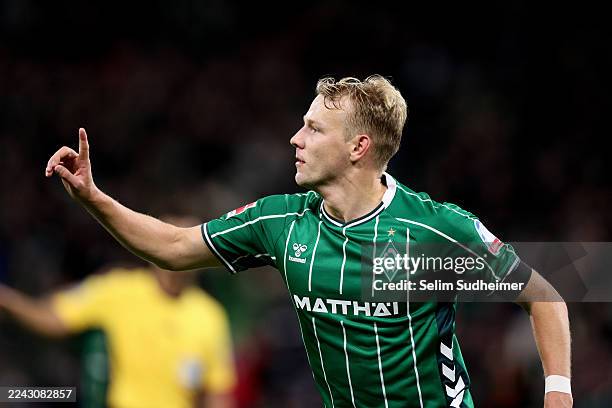Marco Gruell of Werder Bremen celebrates scoring his team's first goal during the Bundesliga match between SV Werder Bremen and 1. FC Union Berlin at...