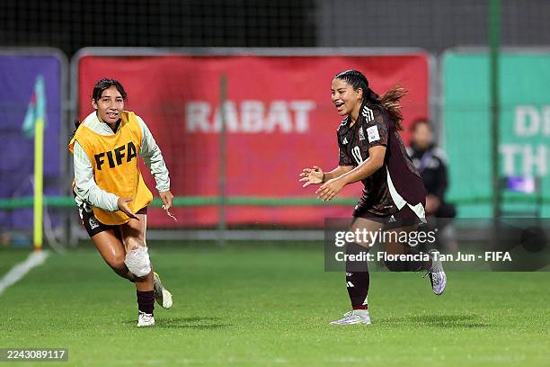 Citlalli Reyes of Mexico celebrates scoring her team's first goal with teammate Dafne Sanchez during the FIFA U-17 Women's World Cup Morocco 2025...