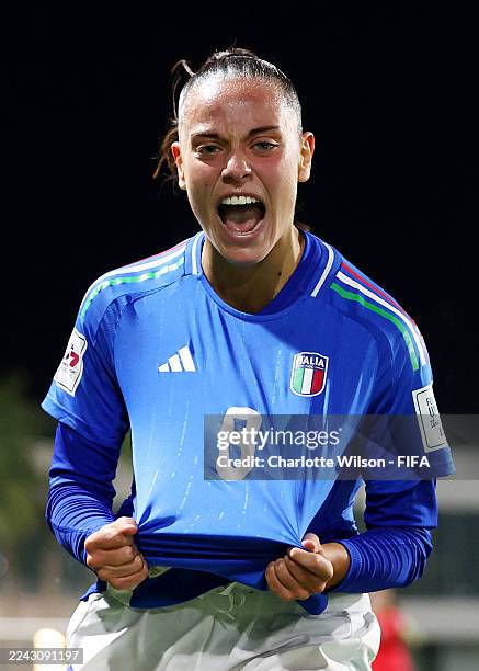 Benedetta Bedini of Italy celebrates scoring her team's fourth goal during the FIFA U-17 Women's World Cup Morocco 2025 Group A match between Brazil...