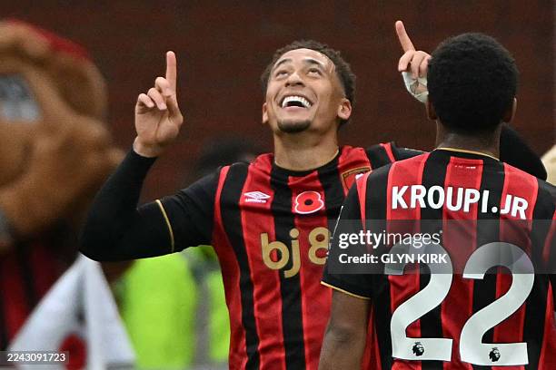 Bournemouth's English midfielder Marcus Tavernier celebrates scoring the opening goal for 1-0 during the English Premier League football match...