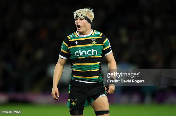 Henry Pollock of Northampton Saints looks on during the Gallagher PREM match between Northampton Saints and Saracens at cinch Stadium at Franklin's...