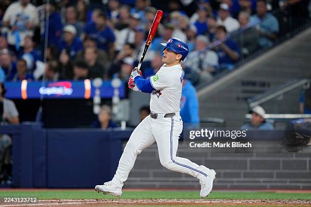 Daulton Varsho of the Toronto Blue Jays hits a two-run home run against the Los Angeles Dodgers during the fourth inning in game one of the 2025...