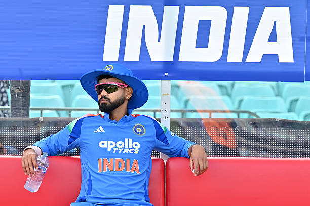 Shreyas Iyer of India looks on from the team bench before game three of the One Day International series between Australia and India at Sydney...