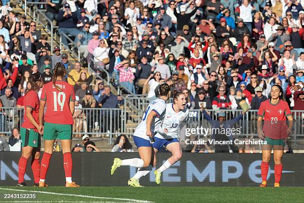 Olivia Moultrie of the United States celebrates after scoring her team's first goal of the match in an international friendly against Portugal at...