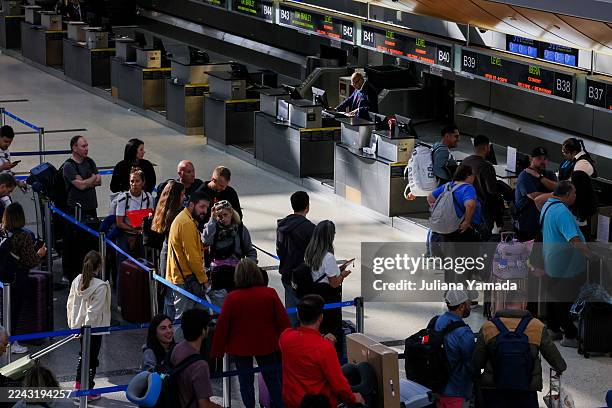 El Segundo, CA Travelers wait in line at the Tom Bradley International Terminal at LAX on Sunday, Oct. 26, 2025 in El Segundo, CA.