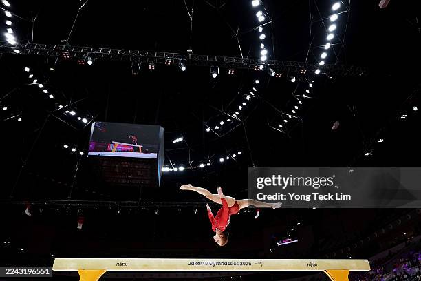 Dulcy Caylor of Team United States competes in the Women's balance beam apparatus final on day seven of the Artistic Gymnastics World Championships...