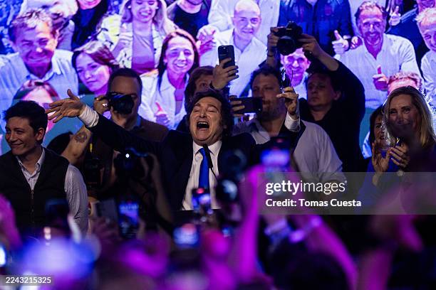 President of Argentina Javier Milei celebrates with supporters following the mid-term elections on October 26, 2025 in Buenos Aires, Argentina. La...
