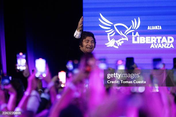 President of Argentina Javier Milei celebrates with supporters following the mid-term elections on October 26, 2025 in Buenos Aires, Argentina. La...