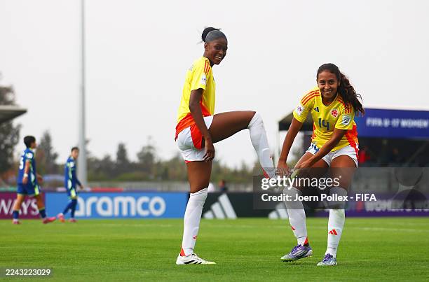 London Crawford of Colombia celebrates scoring her team's first goal with Daniela Todd during the FIFA U-17 Women's World Cup Morocco 2025 Group E...