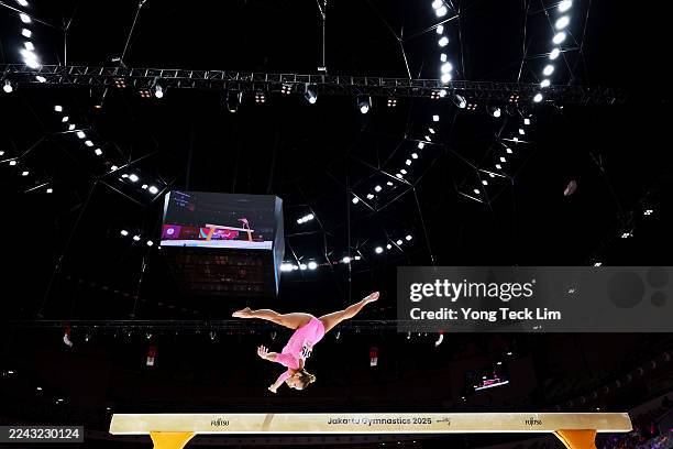 Flavia Saraiva of Team Brazil competes in the Women's balance beam apparatus final on day seven of the Artistic Gymnastics World Championships at...