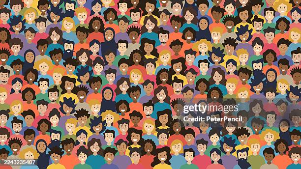 illustrazioni stock, clip art, cartoni animati e icone di tendenza di folla diversificata di persone che parlano, concetto di comunicazione multiculturale colorato, illustrazione vettoriale - multiculturalismo