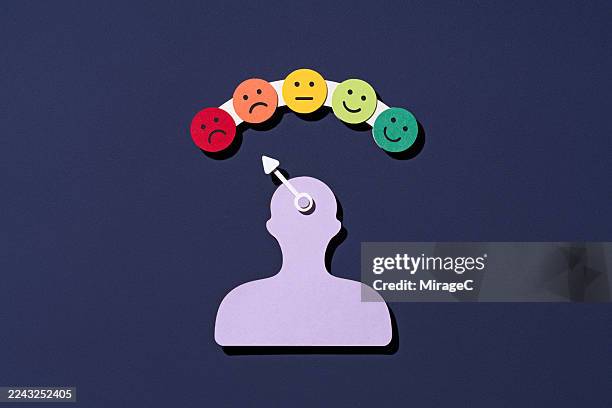 cursor pointing to angry face on mood scale over human silhouette - negative feedback stock pictures, royalty-free photos & images