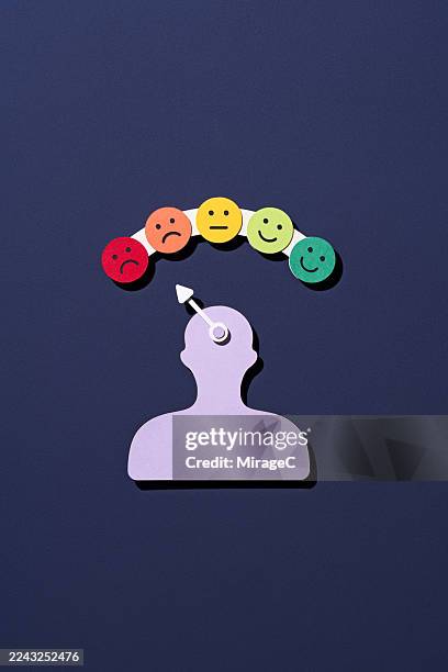 cursor pointing to angry face on mood scale over human silhouette - gestes photos et images de collection