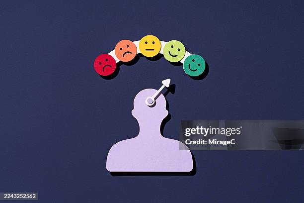 cursor pointing to happy face on mood scale over human silhouette - anthropomorphic stock pictures, royalty-free photos & images