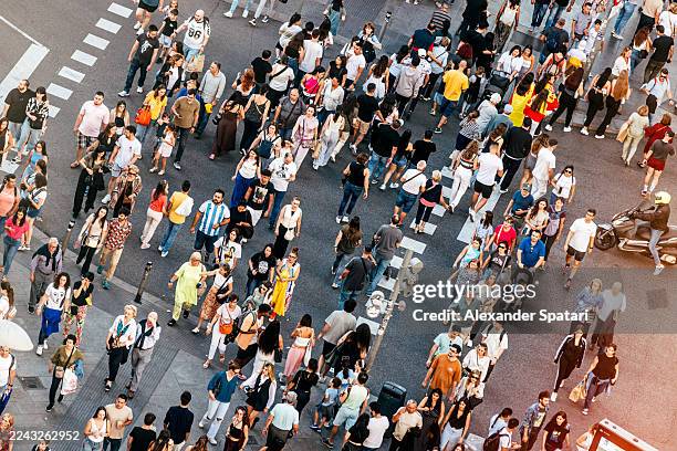 crowds of people crossing the street, aerial view, madrid, spain - demografie stockfoto's en -beelden