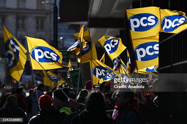 British Library staff, members of the Public and Commercial Services Union , protest in front of the library building after launching a two-week...