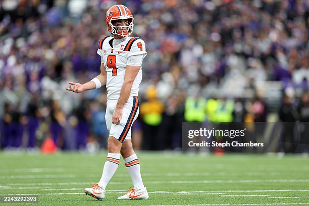 Luke Altmyer of the Illinois Fighting Illini reacts during the first half against the Washington Huskies at Husky Stadium on October 25, 2025 in...