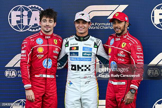 Pole position qualifier Lando Norris of Great Britain and McLaren Second placed qualifier Charles Leclerc of Monaco and Scuderia Ferrari and Third...