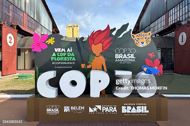 This view shows the COP30 logotype at Docks Station in Belem, Para state, Brazil on October 24, 2025.