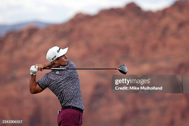 Thorbjørn Olesen of Denmark plays his shot from the 18th tee during the third round of the Bank of Utah Championship 2025 at Black Desert Resort on...