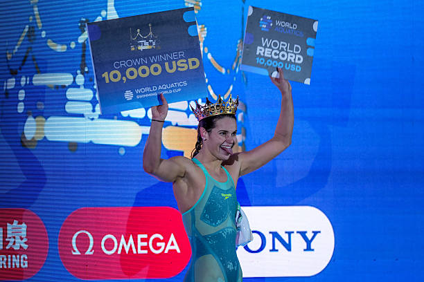 Kaylee McKeown of Australia celebrates after winning the Women's 200m Backstroke finals during day three of the World Aquatics Swimming World Cup -...