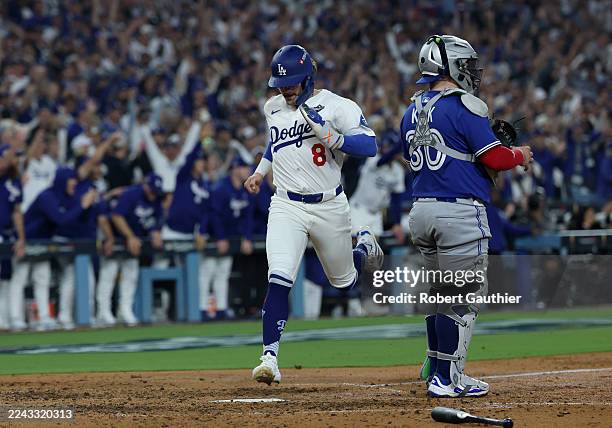 Los Angeles, CA, October 2025: Los Angeles Dodgers first baseman Enrique Hernández scores on an double by Los Angeles Dodgers two-way player Shohei...
