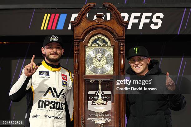 Taylor Gray, driver of the Operation 300 Toyota, and NASCAR Cup Series driver, Ty Gibbs celebrate in victory lane after winning the NASCAR Xfinity...