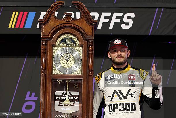 Taylor Gray, driver of the Operation 300 Toyota, celebrates in victory lane after winning the NASCAR Xfinity Series IAA and Ritchie Bros. 250 at...