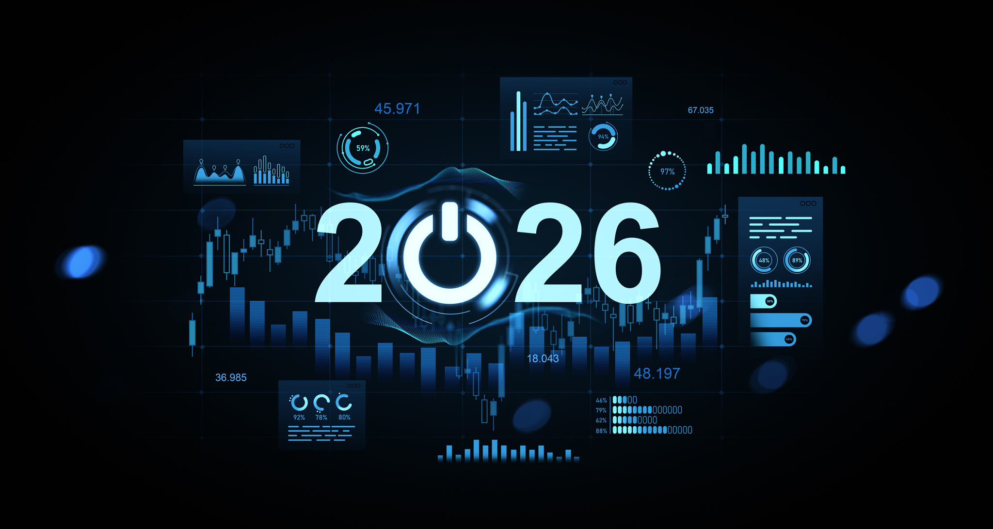 Futuristic digital concept design for 2026 with glowing data charts, technology graphics, and power symbol on dark background in blue tones. 3D Rendering Futuristic digital concept design for 2026 with glowing data charts, technology graphics, and power symbol on dark background in blue tones. 3D Rendering