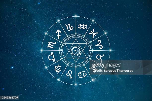 zodiac signs inside of horoscope circle. astrology in the sky with many stars and moons astrology and horoscopes concept - pisces stock pictures, royalty-free photos & images