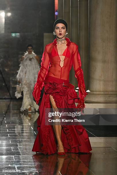 Model walks the Melbourne Fashion Week 2025 Closing Runway on October 25, 2025 in Melbourne, Australia.