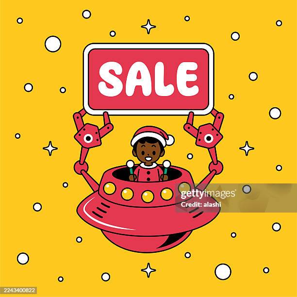 a cute santa boy with a christmas suit or new year outfit, smiling, piloting a ufo or unlimited power spaceship, holding a sale sign with robot arms - martech stock illustrations