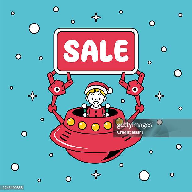 a cute santa boy with a christmas suit or new year outfit, smiling, piloting a ufo or unlimited power spaceship, holding a sale sign with robot arms - martech stock illustrations