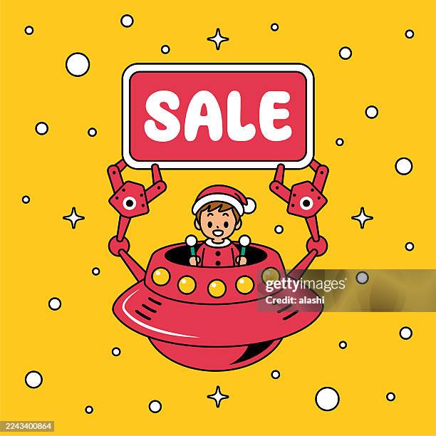 a cute santa boy with a christmas suit or new year outfit, smiling, piloting a ufo or unlimited power spaceship, holding a sale sign with robot arms - martech stock illustrations