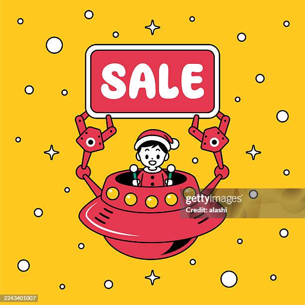 a cute santa boy with a christmas suit or new year outfit, smiling, piloting a ufo or unlimited power spaceship, holding a sale sign with robot arms - martech stock illustrations