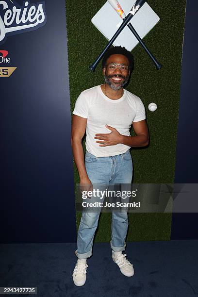 Donald Glover poses for a photo prior to Game Four of the 2025 World Series presented by Capital One between the Toronto Blue Jays and the Los...