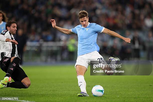 Toma Basic of Lazio scores his team's first goal during the Serie A match between SS Lazio and Juventus FC at Stadio Olimpico on October 26, 2025 in...