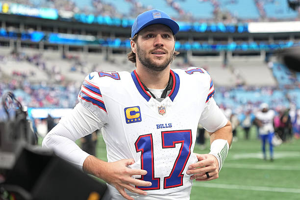 Josh Allen of the Buffalo Bills reacts after defeating the Carolina Panthers in the game at Bank of America Stadium on October 26, 2025 in Charlotte,...