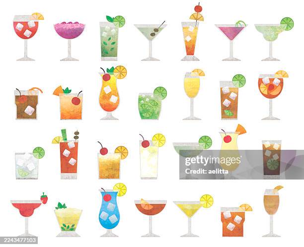 ilustraciones, imágenes clip art, dibujos animados e iconos de stock de ilustración de iconos de cócteles. gran conjunto de 28 iconos. - vaso de martini ilustraciones de stock
